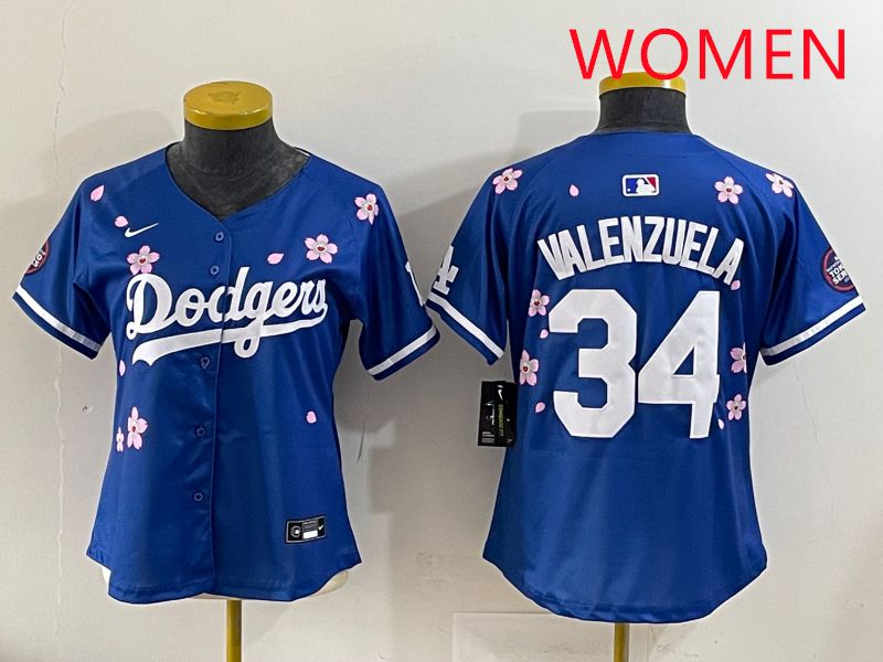 Women Los Angeles Dodgers 34 Valenzuela Blue Sakura Edition 2025 Nike MLB Jersey style 31